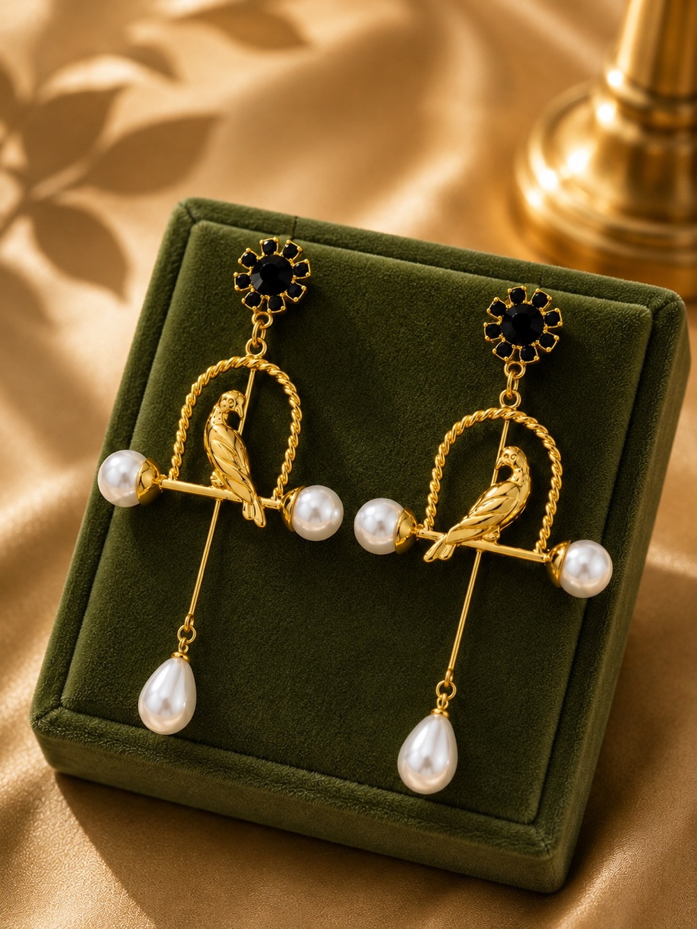 Gold Bird & Pearl Drop Earrings - Elegant Women's Jewelry